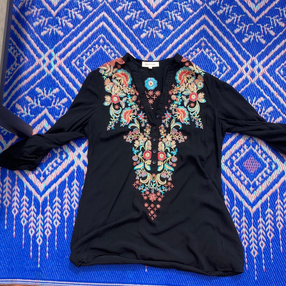 Black, embroidered tunic blouse, rayon, medium.